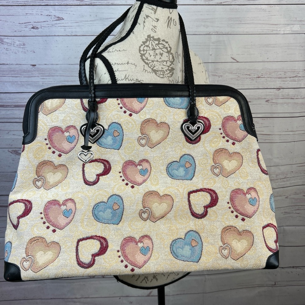 Brighton Large Hearts Valentine Canvas Leather Trim Tote Weekender Bag 90s